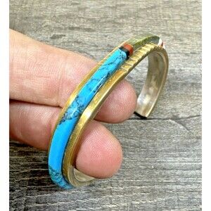 RARE VTG AL NEZ NAVAJO AWARD WINNING STERLING SILVER TURQUOISE CUFF BRACELET 6"